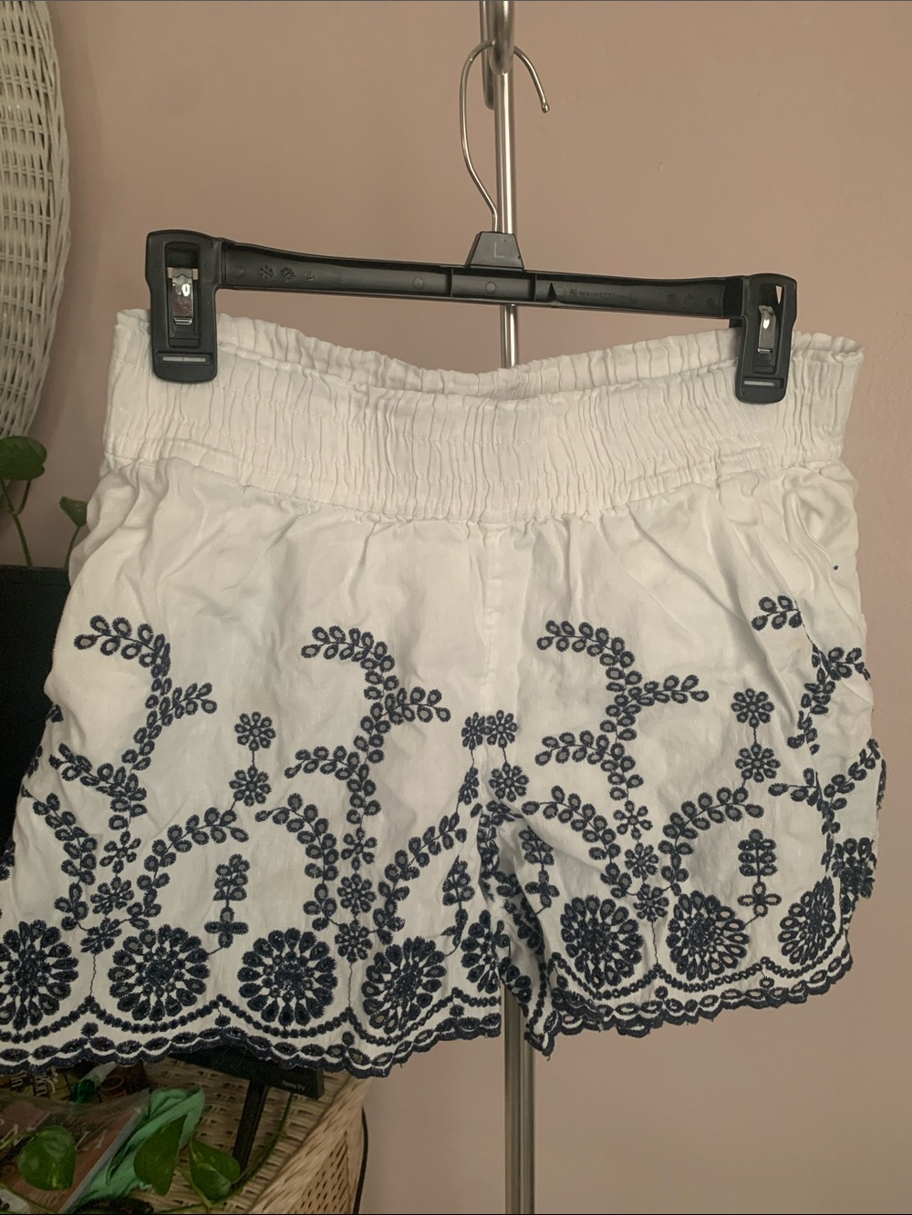 J. Crew White Shorts with Navy Embroidery